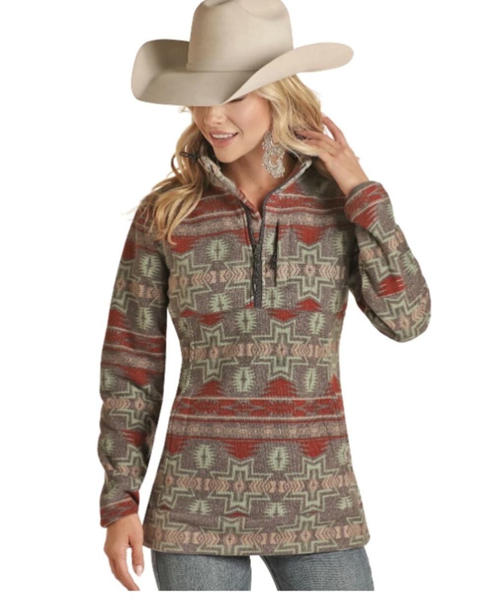 Powder River Ladies Aztec Fleece Charcoal Pullover Jacket Western Boho Small